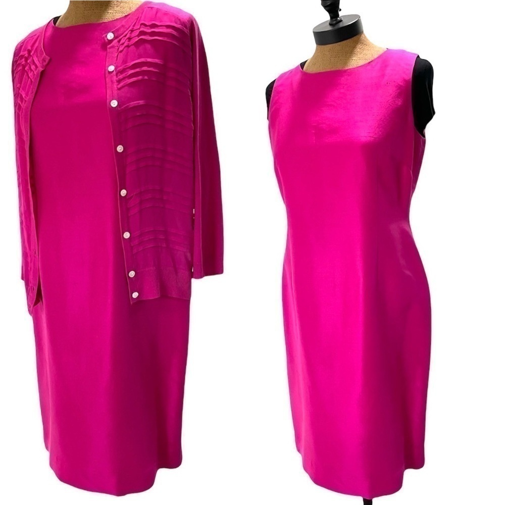Talbots Petite Fuchsia 100% raw silk sleeveless sheath & sweater set, size 10 